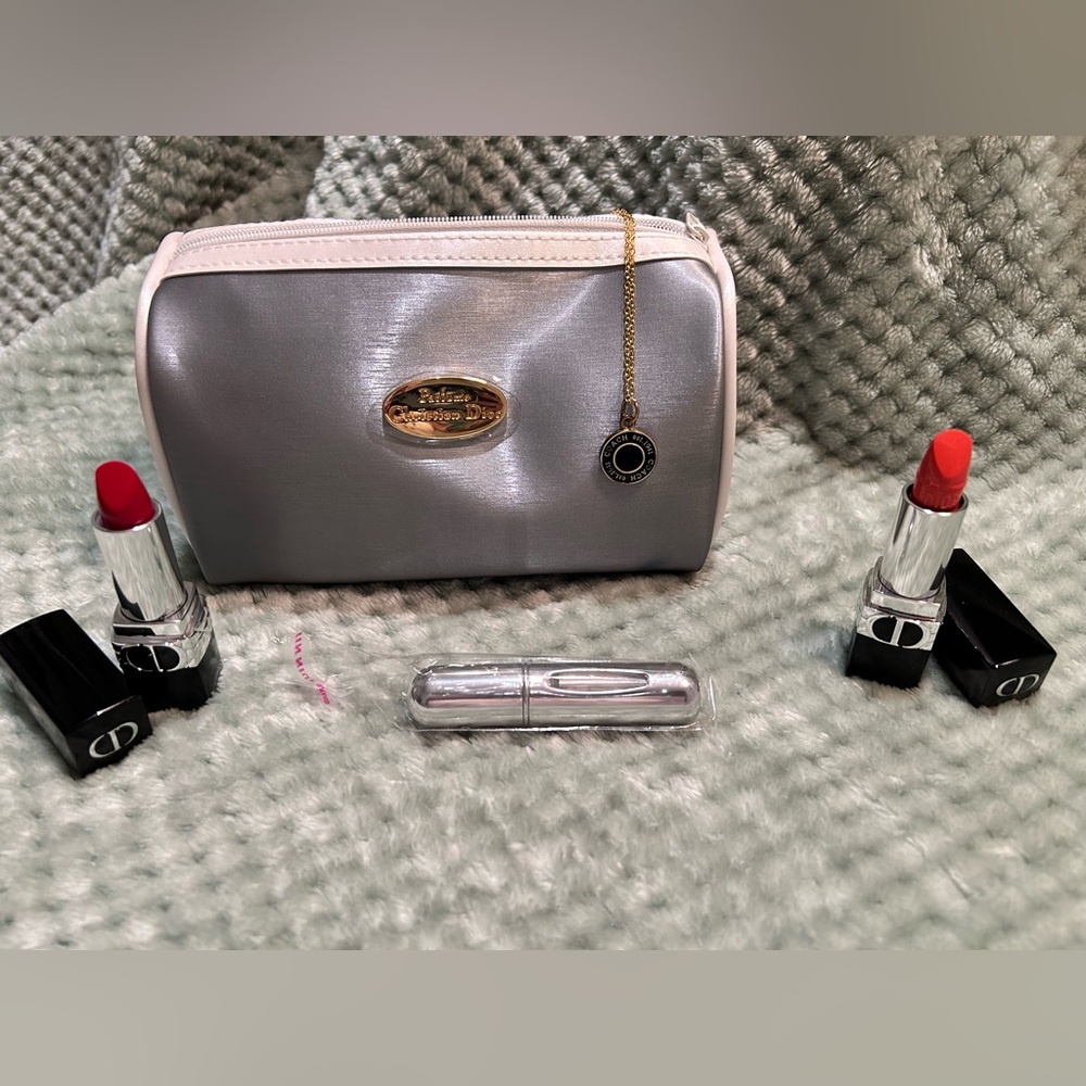 NWOT  Dior Cosmetic bag with 2 Dior lipsticks & Coach necklace